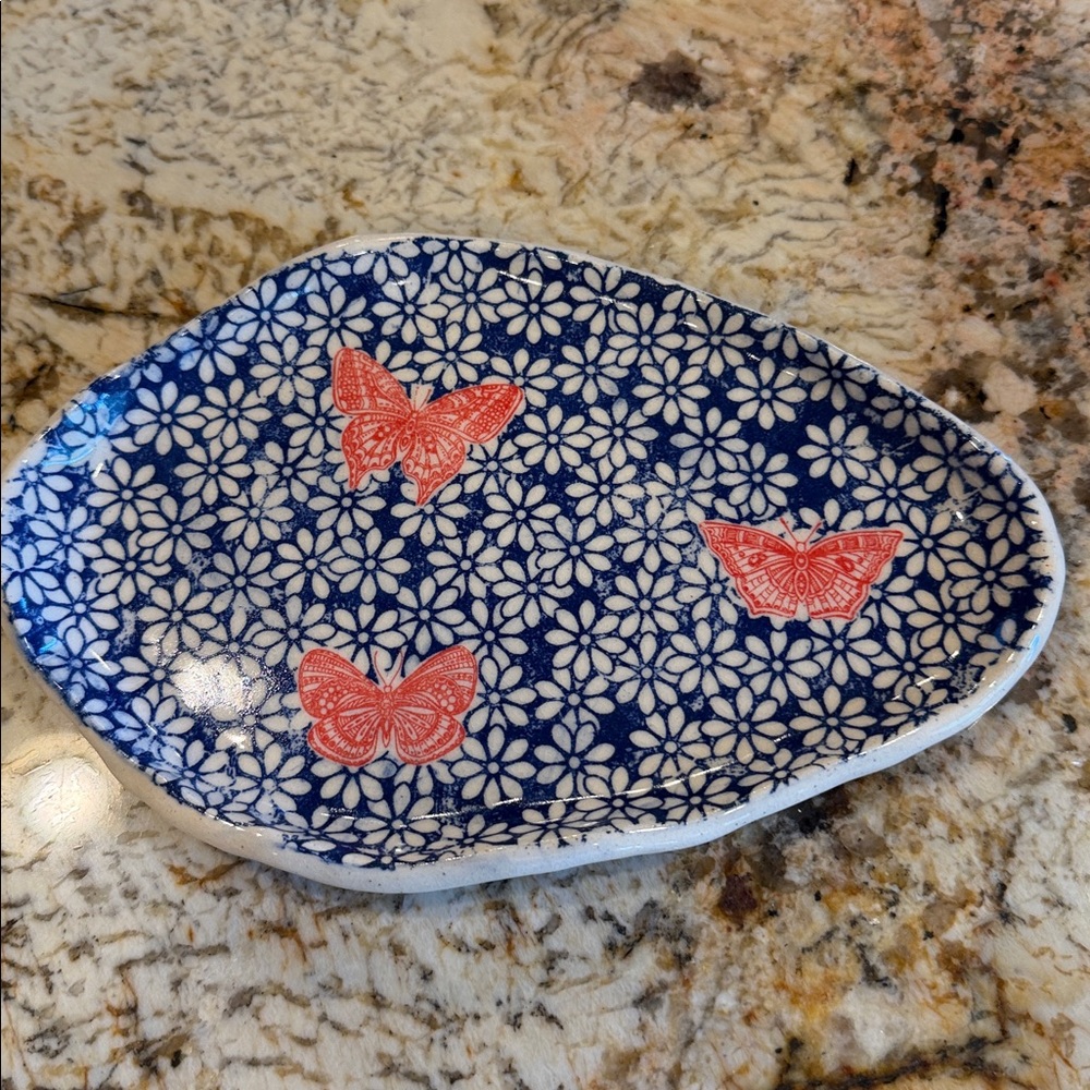 Artist Made Butterfly Floral Pottery Serving Dish